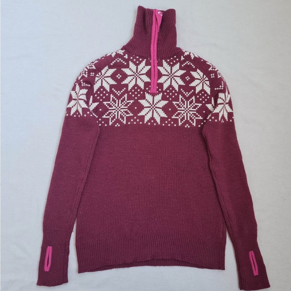 ULVANG Wool Sweater 1/4 Zip Pink Burgundy Snowflake Sz S Fair Isle Nordic
